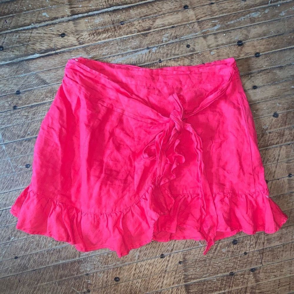 Blank NYC cherry red ruffled wrap 27 linen mini skirt